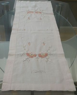Vintage White Cotton Table Runner With Floral Embroidery