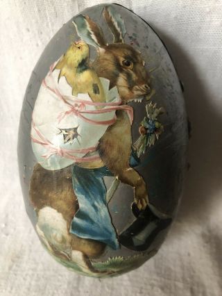 Antique Germany Paper Mache Egg Candy Container Ornament Bunny With Chick & Eggs