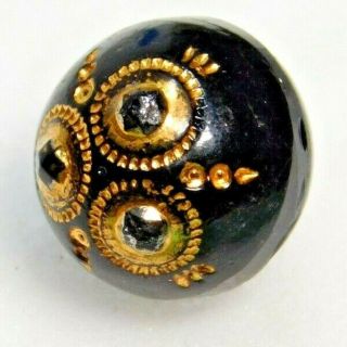Antique Button Black Glass Victorian Ball W Incised Gold Fancy Design C
