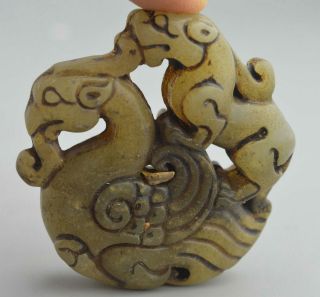 Collectable Handwork Old Jade Carve Lion Ride Phoenix Lucky Auspicious Pendant