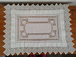 Large White Antique Tray Cloth With Drawn Work And Crochet Lace