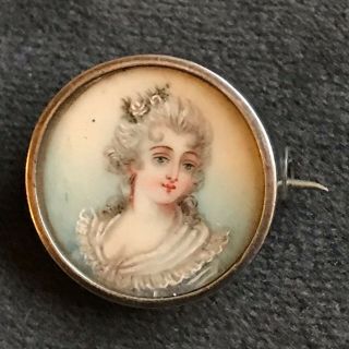 Antique Silver Hand Painted Limoges French Porcelain Portrait Brooch/lace Pin