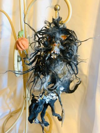Handsculpted Primitive Creepy Halloween Furry Werewolf Riding Black Ghost Horse