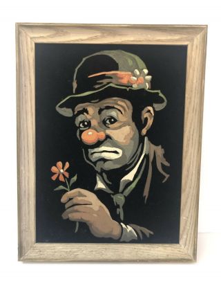 Vintage Framed Emmett Kelly Clown Paint By Numbers Black Velvet Flower Sad Clown