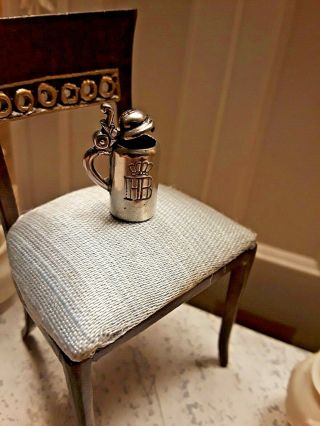 One Miniature Antique Silver Beer Stein,  With Lid,  Doll House 1:12 Scale