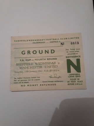 Sheffield Wednesday V Manchester United Fa Cup 4th Round 1961 Ticket Rare