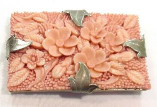 Vintage 40s Pink Celluloid High Relief Flowers Silver Metal Belt Buckle Book Ref