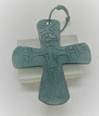 Circa 700 - 800ad Ancient Byzantine Bronze Cross Pendant With Saint Depiction