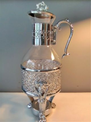 Unique Vintage Ornate Silverplate And Glass Coffee Pot With Stand Euc No Box