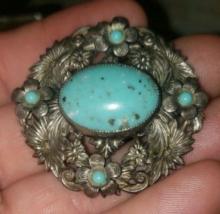 Antique Vintage Silver W/ Turquoise Repousse Aesthetic 2 " Brooch Pin Jewelry