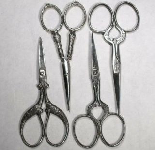 Antique Sewing Scissors Circa 1900 4 X Pairs Pretty Assorted Embroidery