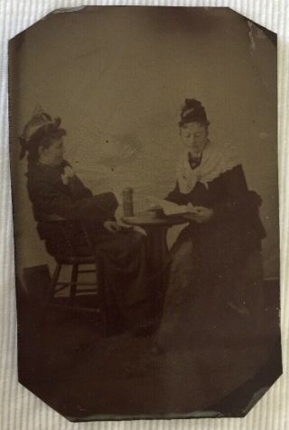 Antique Victorian Tintype Photo 2 Women Sitting At A Table Reading Book