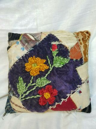 Antique Crazy Quilt Pillow Embroidered Chenille Roses Doll Or Child Size Pillow