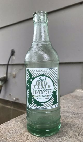 Rock Island,  Illinois Rare 1940’s “ Big Time” Mclaughlin Bottling Co.  Acl Bottle
