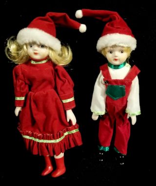 Vintage Porcelain Christmas Dolls - Boy & Girl In Holiday Outfits