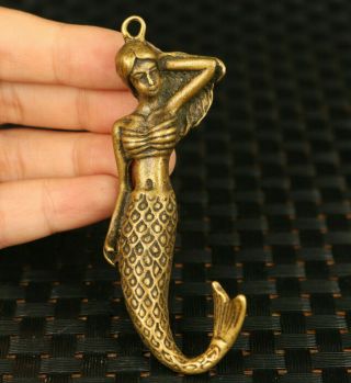 Rare Old Brass Hand Carving Mermaid Statue Pendant Necklace Key Ring Gift