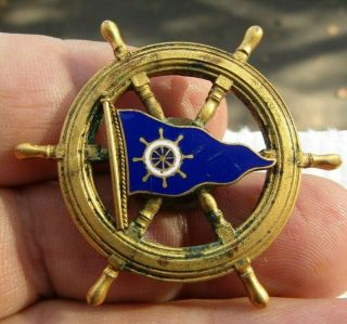 Vintage Enamel Antique Nautical Ships Wheel & Blue Flag Pin Brooch J.  E.  C.  Co
