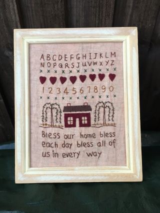Vintage Style Hand Stitched Sampler In Wooden Frame Bless Our Home