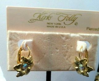 Rare Vintage Signed Kirks Folly Ab Rhinestone Flower 1 " Earrings Carded G910m