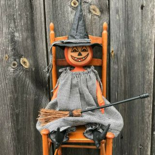 Primitive Folk Art Halloween Witch Doll Ooak Handmade Pumpkin Witch With Broom