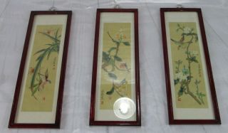 (3) Vintage Framed Hand Painted Birds/flowers On Silk Chinese Oriental - Euc