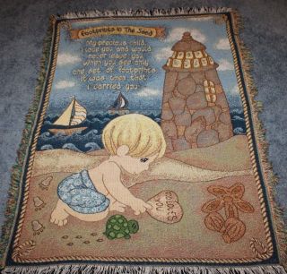 Precious Moments Throw Blanket Boy Footprints In The Sand 44x60 " Rare Htf Woven