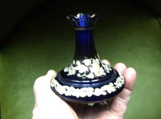 Antique 19th C Miniature Bristol Blue Glass Bottle Vase,  White Enamel & Gilding
