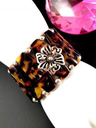 Rare Brighton Silver Plated Lucite Carved Tortoise Shell Floral Stretch Bracelet