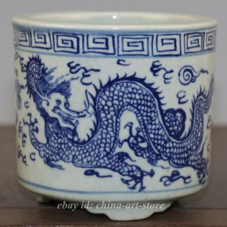 3.  9 " Chinese Blue White Porcelain Dragon Phoenix Tripodia Incense Burner Censer