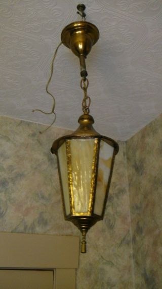 Antique Brass Slag Glass Panel Hanging Hall Light Lamp Arts & Crafts Chandelier