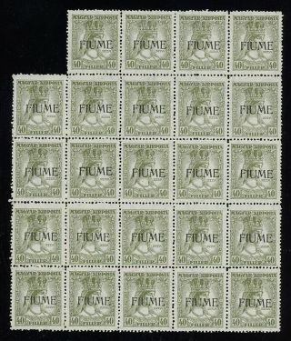 Fiume 1918 - 19 Zita 40f Olive 34 Stamps In Mnh Blocks,  Perfect Quality,  Rare