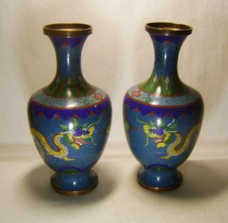 Pair Antique Chinese Cloisonne Vases Enamel Dragons On Copper 23 Cm High A/f