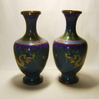 Pair Antique Chinese Cloisonne Vases Enamel Dragons on Copper 23 cm high A/F 2