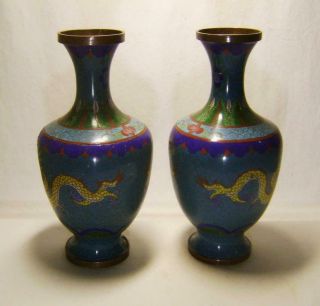 Pair Antique Chinese Cloisonne Vases Enamel Dragons on Copper 23 cm high A/F 3