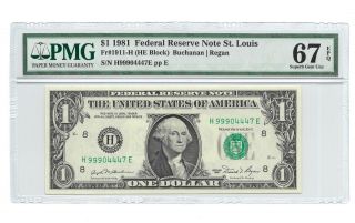 1981 $1 St Louis Frn,  Pmg Gem Uncirculated 67 Epq Banknote Rare H/e Block