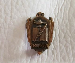 Charming Antique Vintage Brass Librarian Lapel Pin With Feather Pen And Lamp