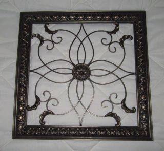 Distressed Antique Gold Medallion Leaf Fleur Wrought Iron Wall Rustic Art Plaque