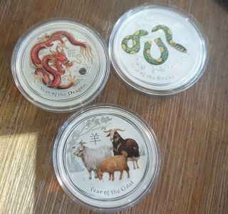 Perth Australia Silver Rare Coloured Coins Snake,  Dragon & Goat 1 Oz.  999
