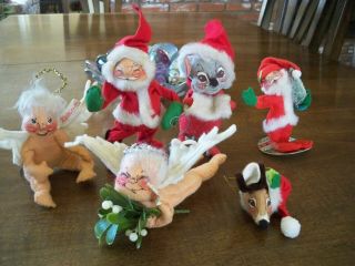 6 Vtg Christmas Annalee Mobilitee Dolls Angels Santas Mouse Reindeer