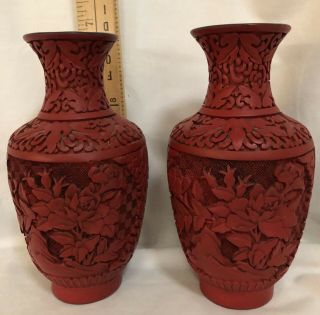 Antique Chinese Cinnabar Hand Carved Vase Pair Exc Cond 6.  5”t.  7 D Nr
