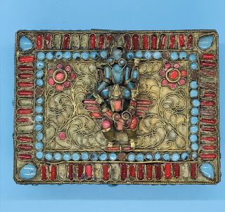 19th Century Tibetan Gau Prayer Box W/ Turquoise & Coral Brass Filigree,  Marked