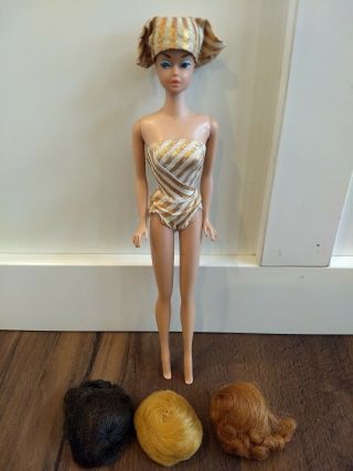 Vintage Fashion Queen Barbie Midge Doll With Wigs 1960s Gold Striped Swimsuit