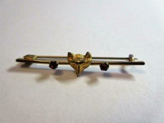 Antique Edwardian 9ct Rolled Gold & Garnet Fox Head Bar Brooch,  Pin
