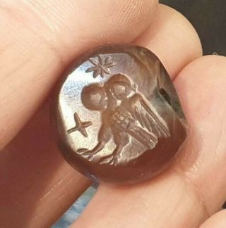 Ancient Carnelian Athena Wise Old Owl Seal Intaglio Signet Engraved Bead 22mm
