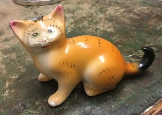Small Vintage Chinese Porcelain Cat Figure Hand Painted “ China” In Red On Base