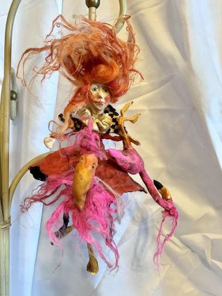 Primitive Handsculpted Creepy Alice In Wonderland Queen Of Hearts On Flamingo