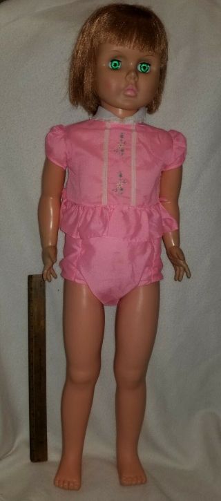Vintage 34” Uneeda Playpal Doll Red Hair Green Eyes Pink Pajamas