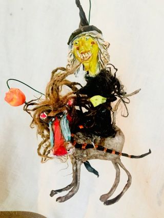 Handsculpted Primitive Creepy Halloween Green Witch Riding Baboon 8”
