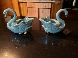 Vintage Blue Luster Swan With Gold Accents Ceramic Planter Dish Set Of 2