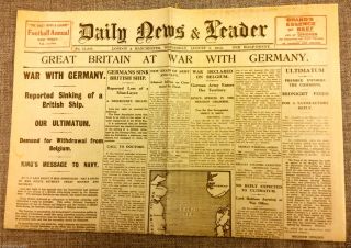 1914 World War I Outbreak Newspaper Britain Declares War On Germany Ii Antique